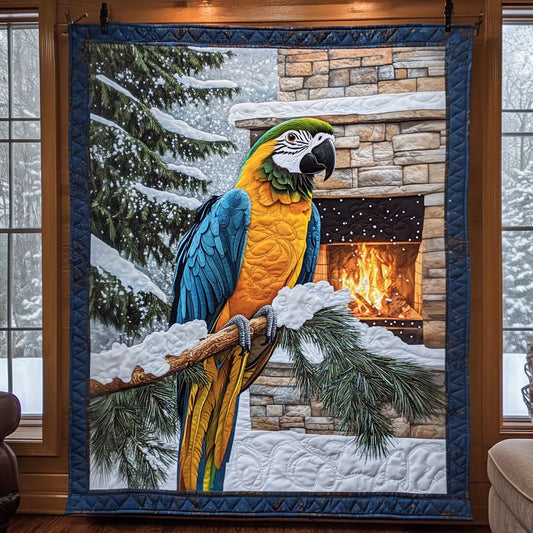 Fireside Macaw In Snow Quilt Blanket