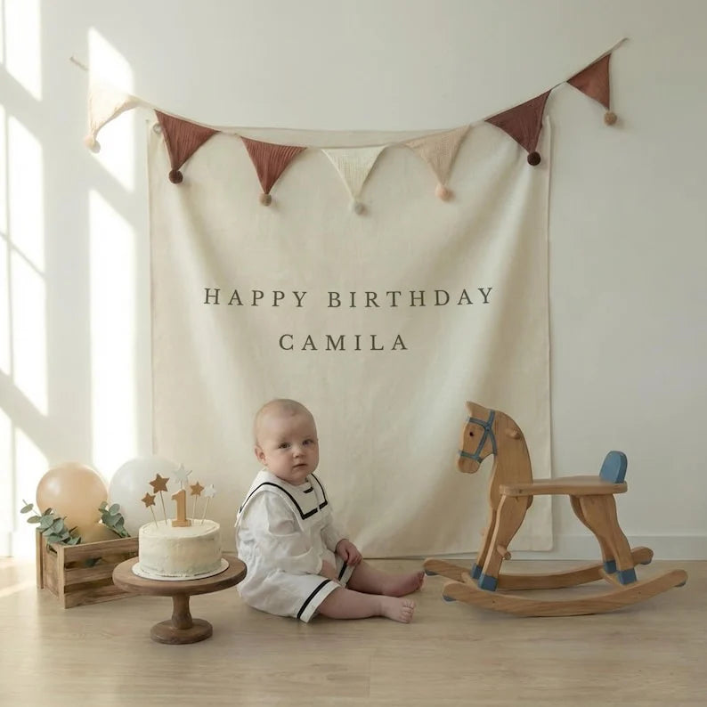 Minimalist First Birthday Tapestry Personalized Custom Name Backdrop Birthday Party Decor (view 2)