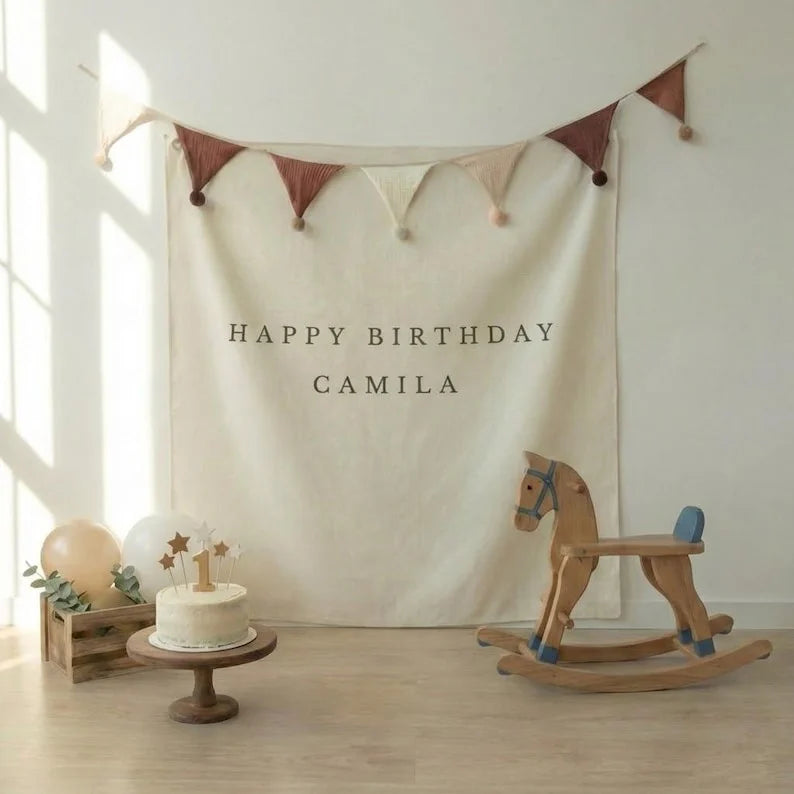 Minimalist First Birthday Tapestry Personalized Custom Name Backdrop Birthday Party Decor (view 4)