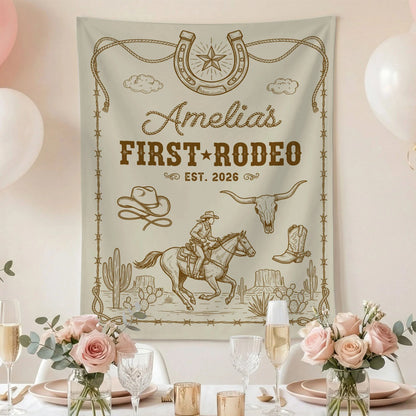 First Rodeo Birthday Banner Personalized Cowgirl First Birthday Backdrop Western Birthday Tapestry, personalized birthday ...