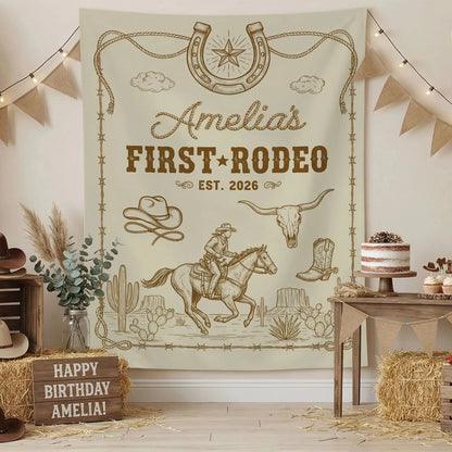 First Rodeo Birthday Banner Personalized Cowgirl First Birthday Backdrop Western Birthday Tapestry, personalized birthday ...