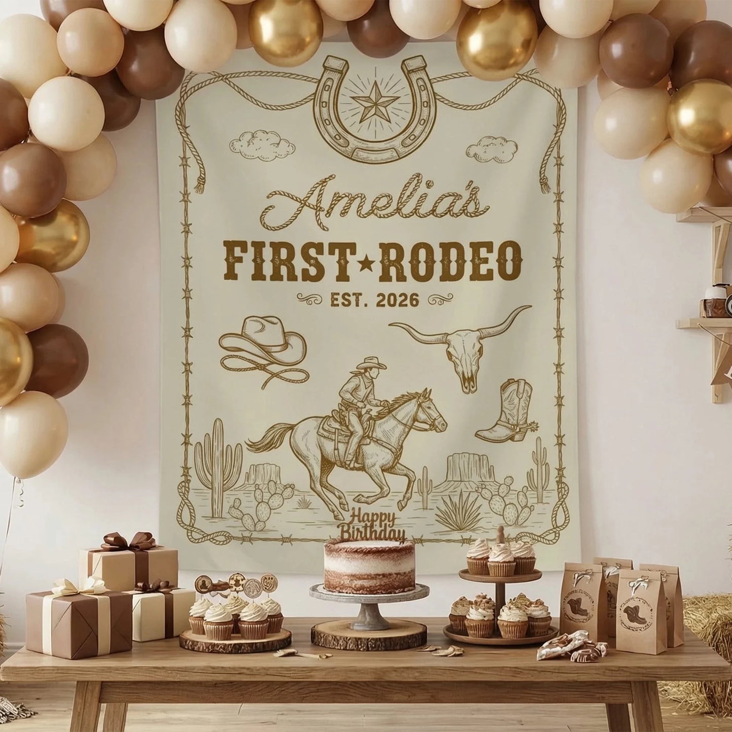 First Rodeo Birthday Banner Personalized Cowgirl First Birthday Backdrop Western Birthday Tapestry, personalized birthday ...
