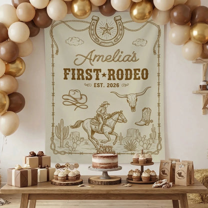 First Rodeo Birthday Banner Personalized Cowgirl First Birthday Backdrop Western Birthday Tapestry, personalized birthday ...