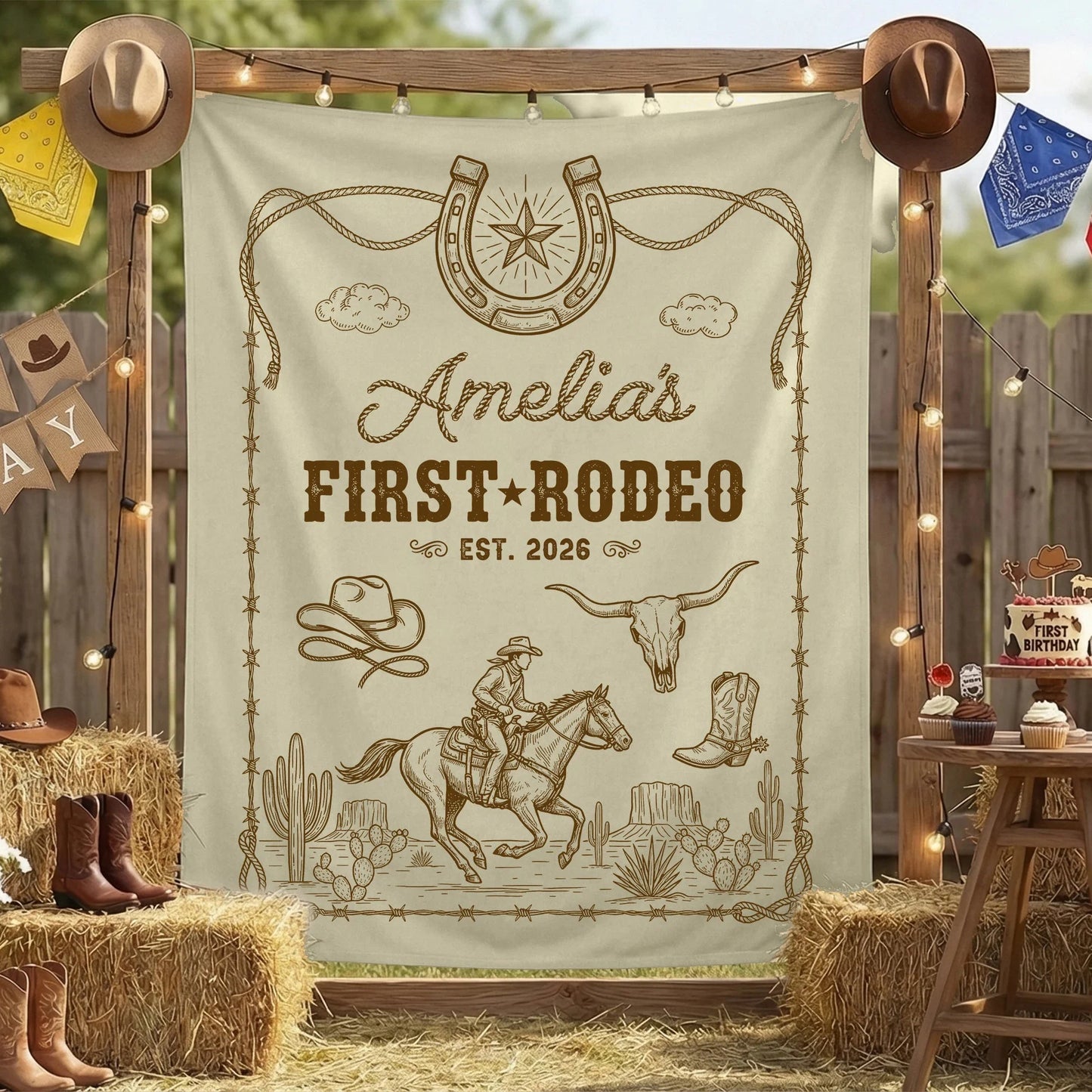 First Rodeo Birthday Banner Personalized Cowgirl First Birthday Backdrop Western Birthday Tapestry, personalized birthday ...