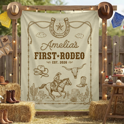 First Rodeo Birthday Banner Personalized Cowgirl First Birthday Backdrop Western Birthday Tapestry, personalized birthday ...