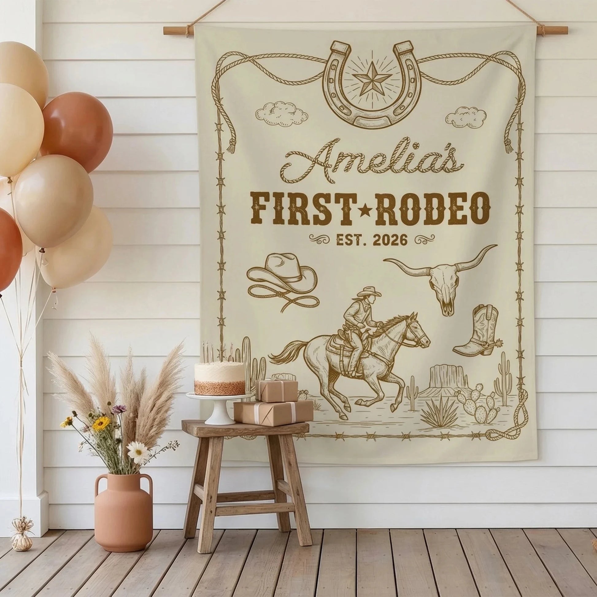 First Rodeo Birthday Banner Personalized Cowgirl First Birthday Backdrop Western Birthday Tapestry, personalized birthday ...