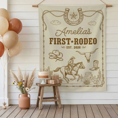 First Rodeo Birthday Banner Personalized Cowgirl First Birthday Backdrop Western Birthday Tapestry, personalized birthday ...