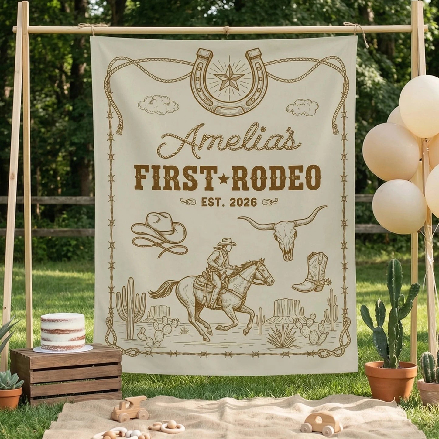 First Rodeo Birthday Banner Personalized Cowgirl First Birthday Backdrop Western Birthday Tapestry, personalized birthday ...