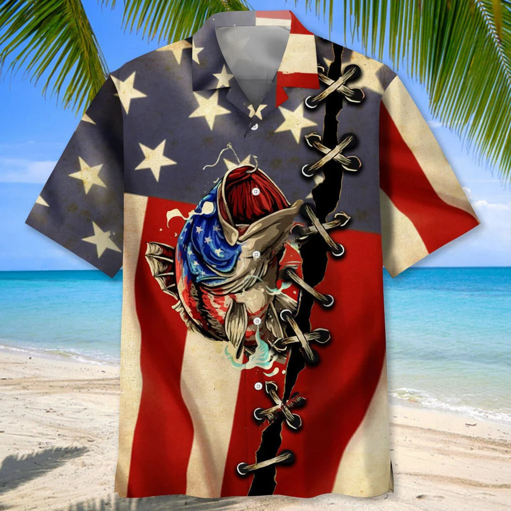 Fishing America Flag Hawaiian Shirt