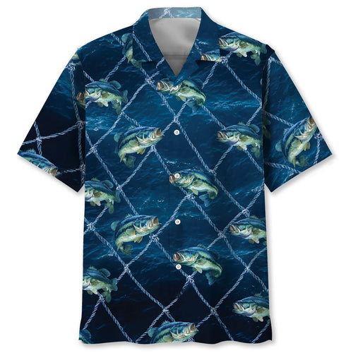 Fishing Largemouth Bass Fish Blue Net Hawaiian Shirt
