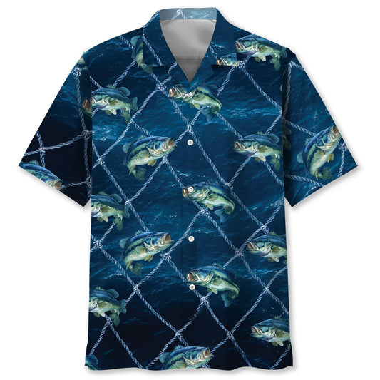 Fishing Largemouth Bass Fish Blue Net Hawaiian Shirt - S - hawaiian shirt