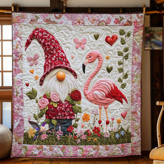 Flamingo And Gnome Blossoms Quilt Blanket
