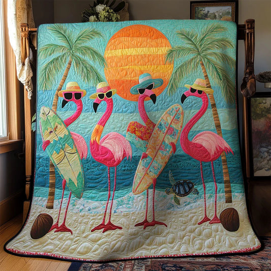 Flamingo Palms And Waves Quilt Blanket