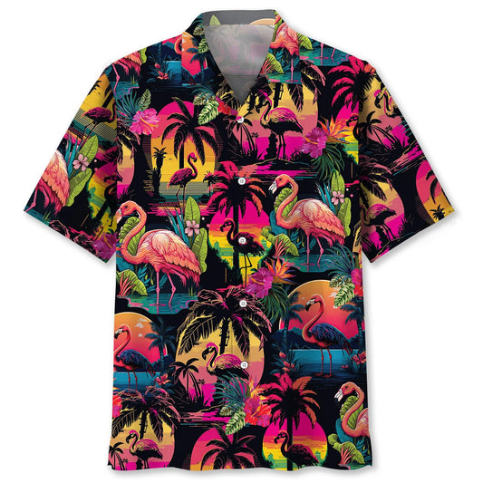 Flamingo Retro Palm Tree Hawaiian Shirt - S - hawaiian shirt