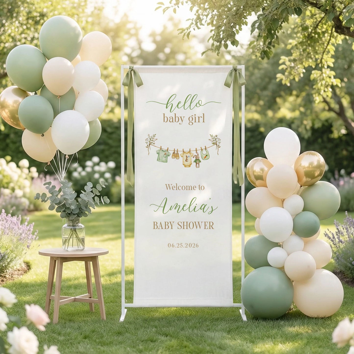 Floral Baby Girl Shower Banner Stand Personalized Custom Name Hello Baby Girl Welcome Sign Decor (view 3)