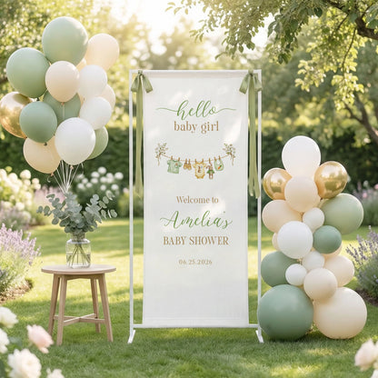 Floral Baby Girl Shower Banner Stand Personalized Custom Name Hello Baby Girl Welcome Sign Decor (view 3)