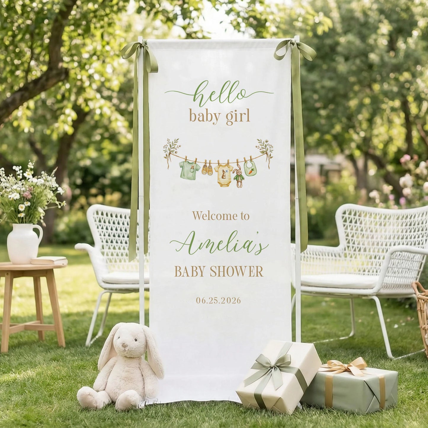 Floral Baby Girl Shower Banner Stand Personalized Custom Name Hello Baby Girl Welcome Sign Decor (view 5)
