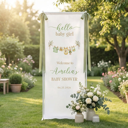 Floral Baby Girl Shower Banner Stand Personalized Custom Name Hello Baby Girl Welcome Sign Decor (view 6)
