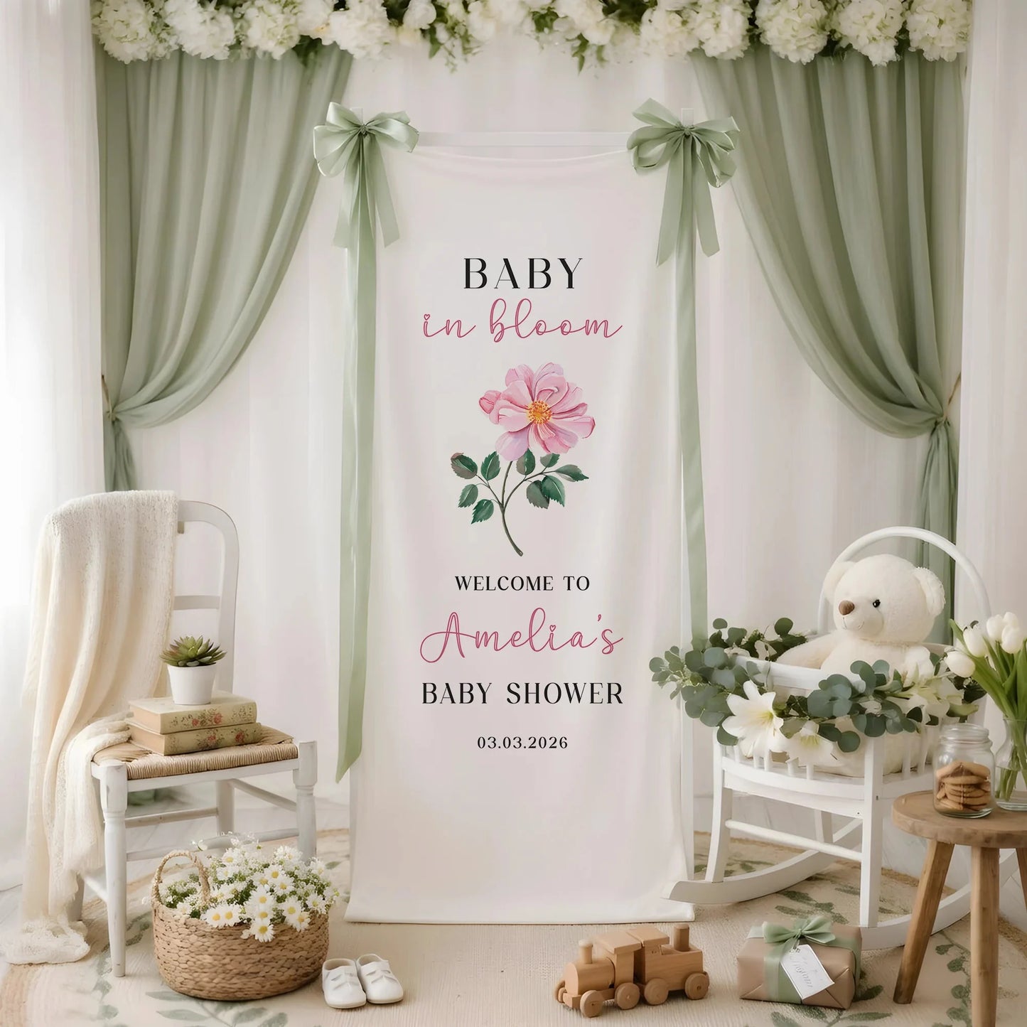 Floral Baby Shower Banner Stand Personalized Baby in Bloom Welcome Sign Custom Name Baby Shower Decor, baby shower decor