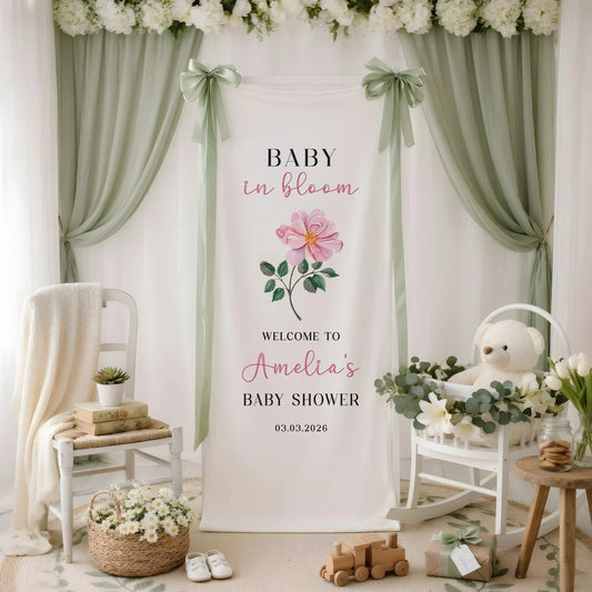 Floral Baby Shower Banner Stand Personalized Baby in Bloom Welcome Sign Custom Name Baby Shower Decor, baby shower decor