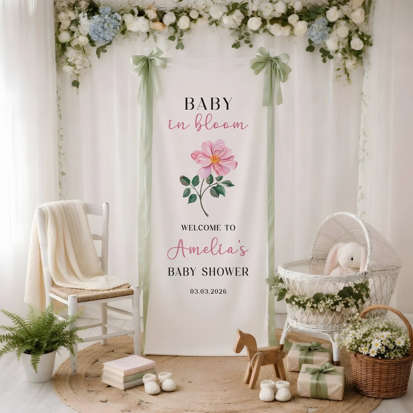 Floral Baby Shower Banner Stand Personalized Baby in Bloom Welcome Sign Custom Name Baby Shower Decor, baby shower decor