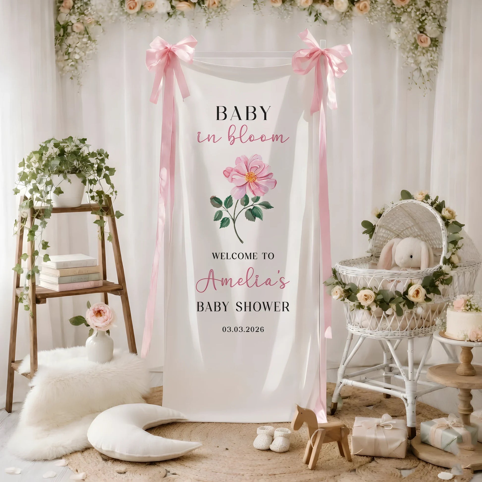 Floral Baby Shower Banner Stand Personalized Baby in Bloom Welcome Sign Custom Name Baby Shower Decor, baby shower decor
