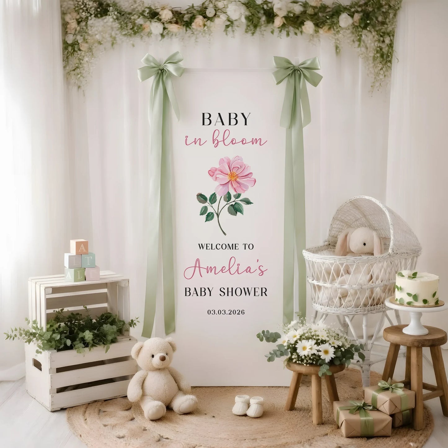 Floral Baby Shower Banner Stand Personalized Baby in Bloom Welcome Sign Custom Name Baby Shower Decor, baby shower decor