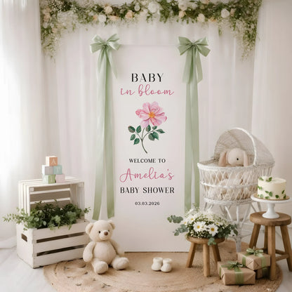 Floral Baby Shower Banner Stand Personalized Baby in Bloom Welcome Sign Custom Name Baby Shower Decor, baby shower decor