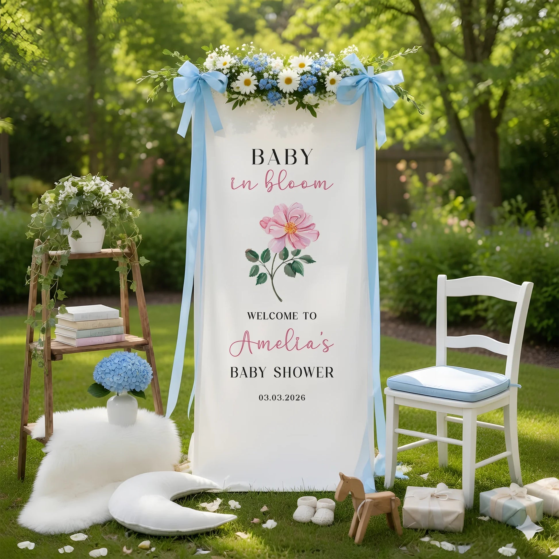 Floral Baby Shower Banner Stand Personalized Baby in Bloom Welcome Sign Custom Name Baby Shower Decor, baby shower decor