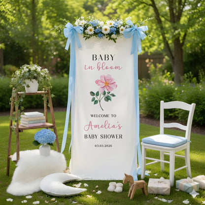 Floral Baby Shower Banner Stand Personalized Baby in Bloom Welcome Sign Custom Name Baby Shower Decor, baby shower decor