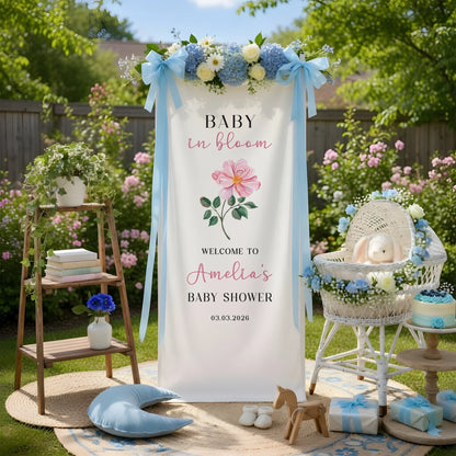 Floral Baby Shower Banner Stand Personalized Baby in Bloom Welcome Sign Custom Name Baby Shower Decor, baby shower decor