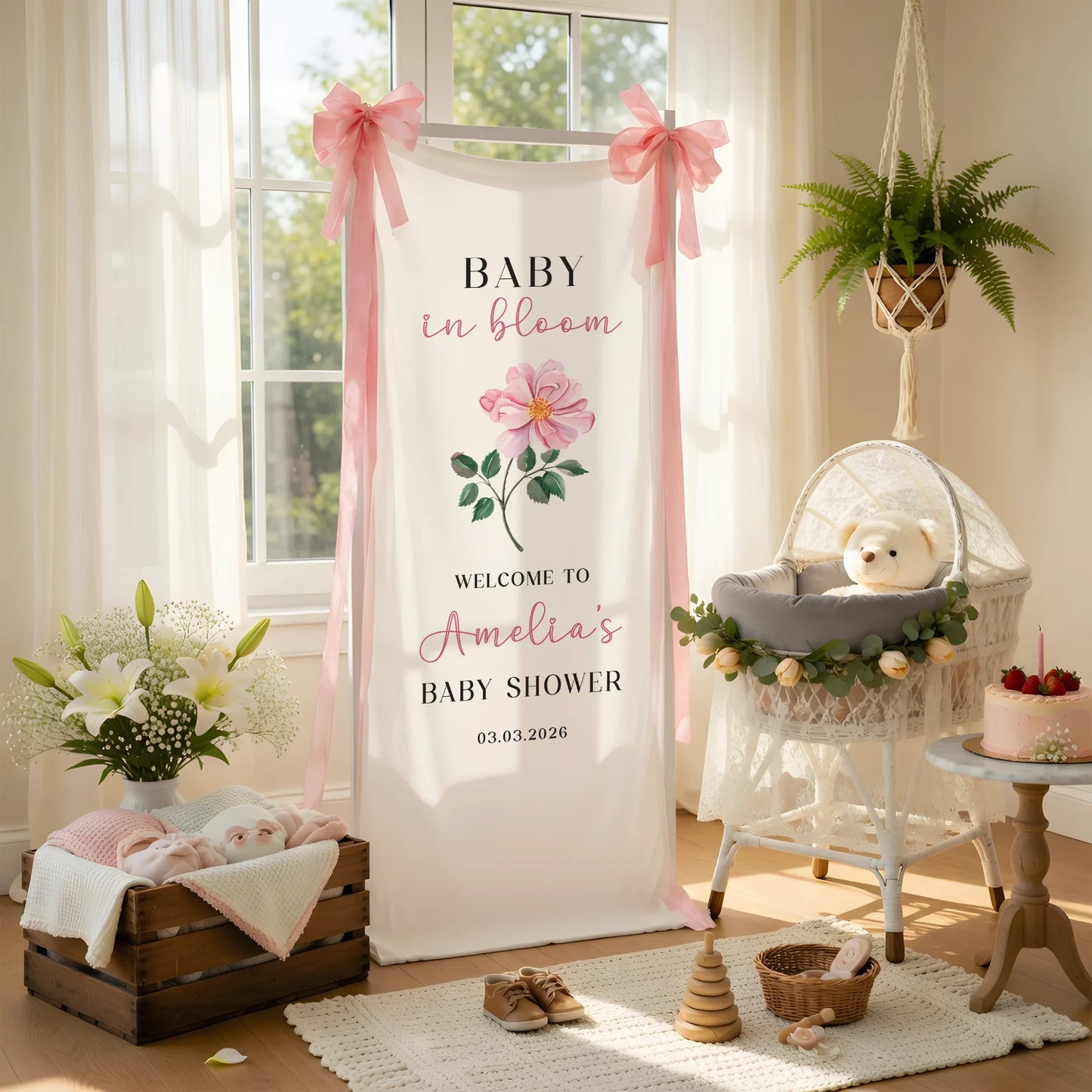 Floral Baby Shower Banner Stand Personalized Baby in Bloom Welcome Sign Custom Name Baby Shower Decor, baby shower decor