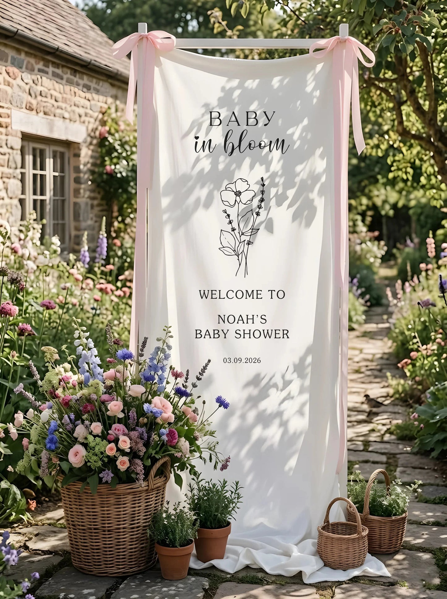 Baby in Bloom Baby Shower Banner Stand Personalized Floral Baby Shower Welcome Sign Custom Name Decor, baby shower decor