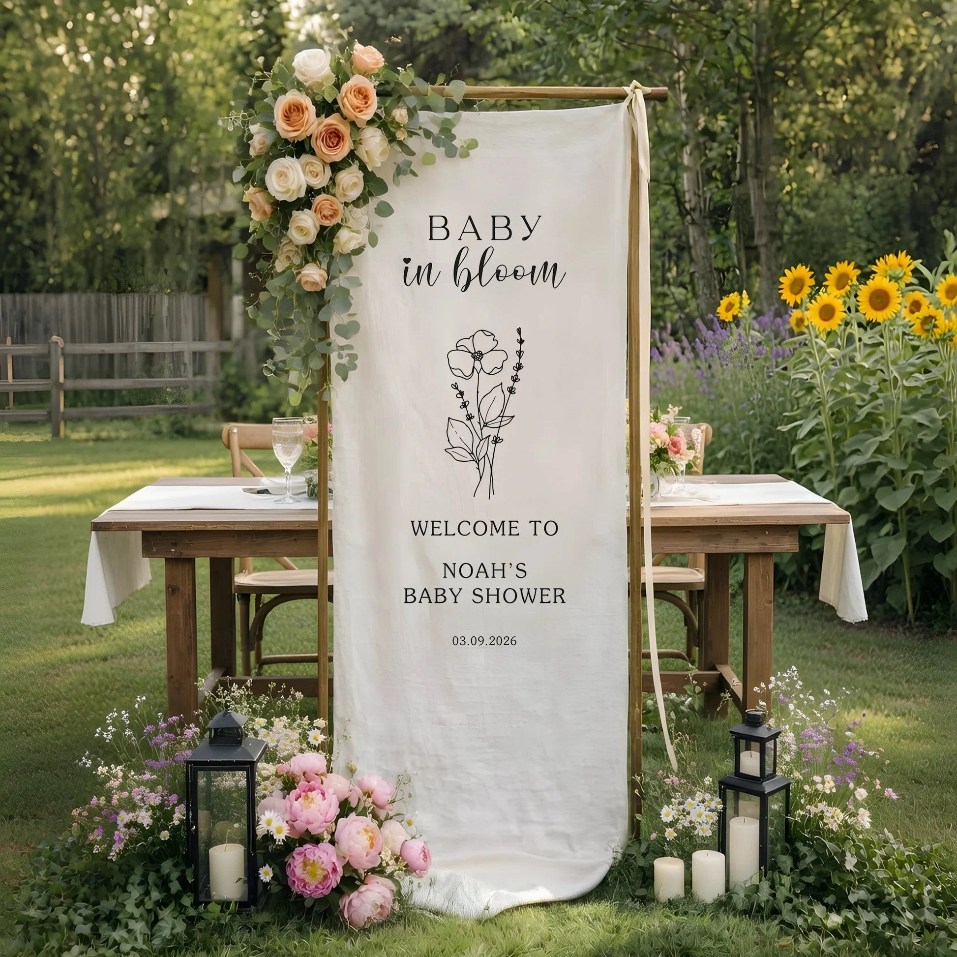 Baby in Bloom Baby Shower Banner Stand Personalized Floral Baby Shower Welcome Sign Custom Name Decor, baby shower decor