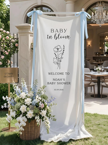 Baby in Bloom Baby Shower Banner Stand Personalized Floral Baby Shower Welcome Sign Custom Name Decor, baby shower decor