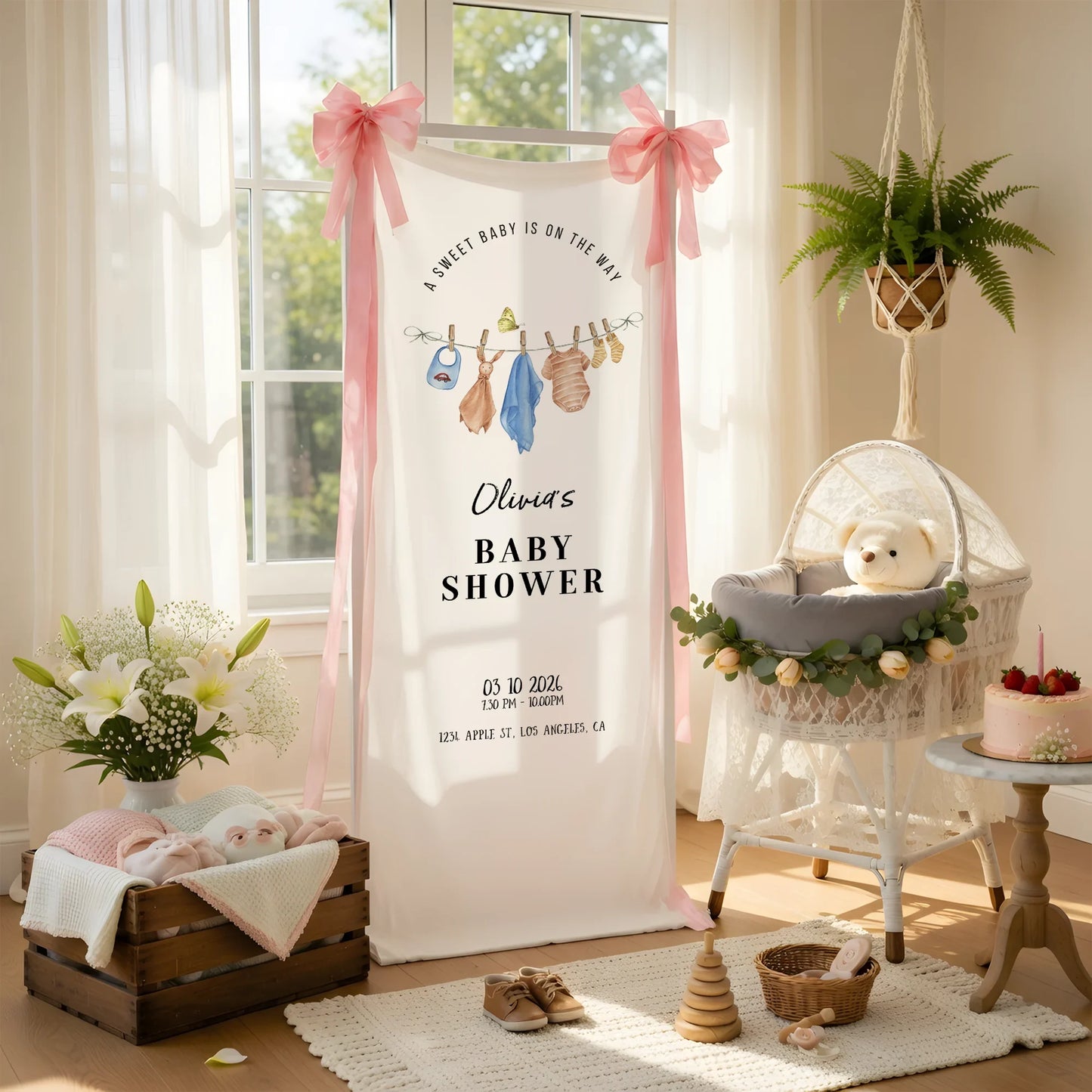 Floral Baby Shower Banner Stand Personalized Custom Name Hydrangea Baby Shower Welcome Sign Decor, baby shower decor (view 2)