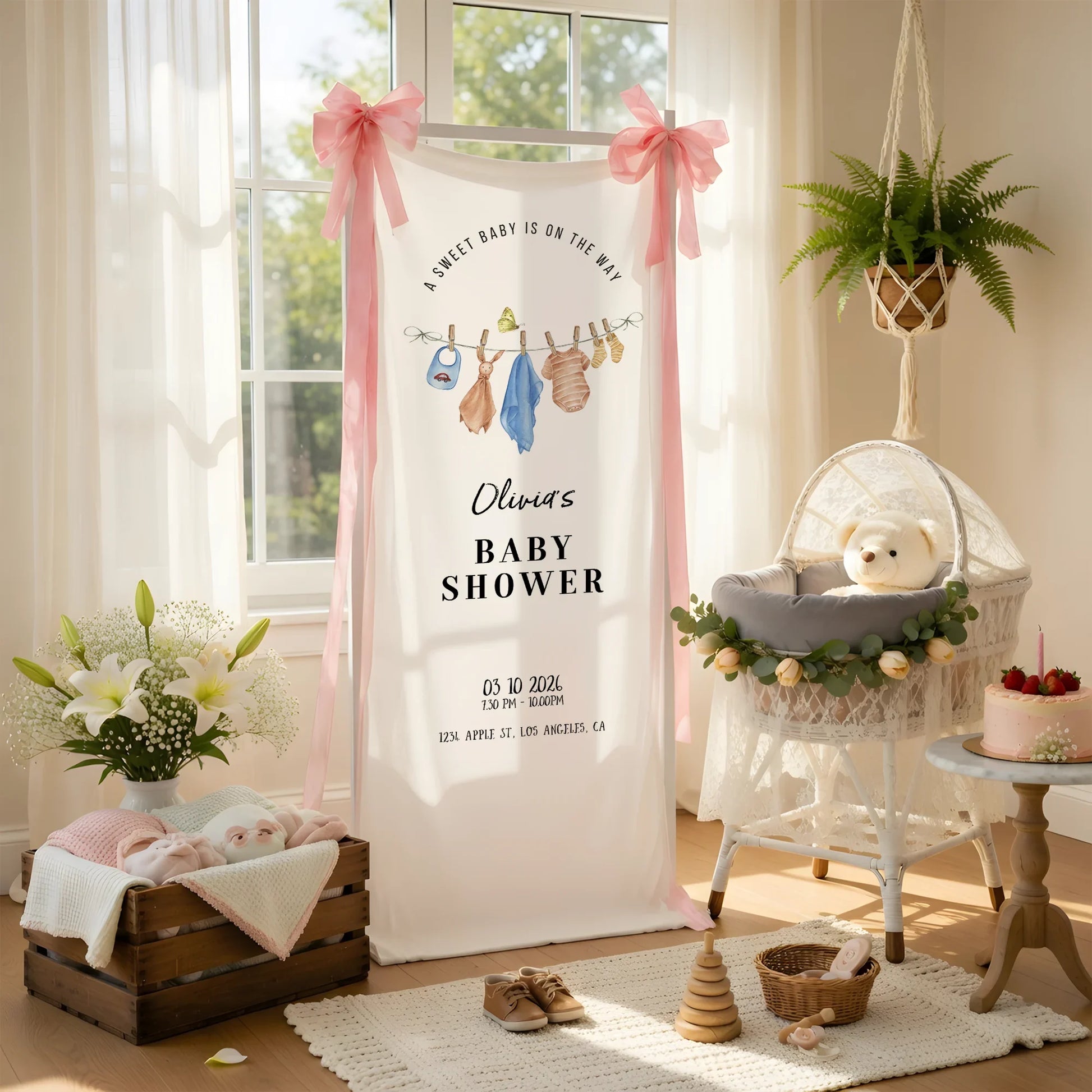Floral Baby Shower Banner Stand Personalized Custom Name Hydrangea Baby Shower Welcome Sign Decor, baby shower decor (view 2)