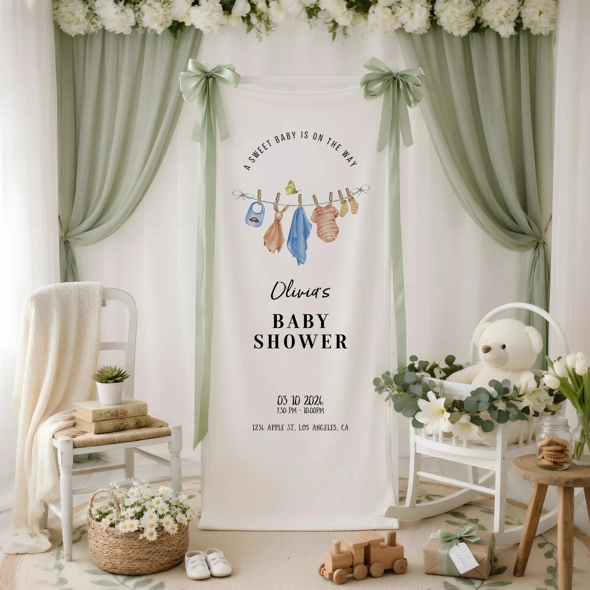 Floral Baby Shower Banner Stand Personalized Custom Name Hydrangea Baby Shower Welcome Sign Decor, baby shower decor (view 4)