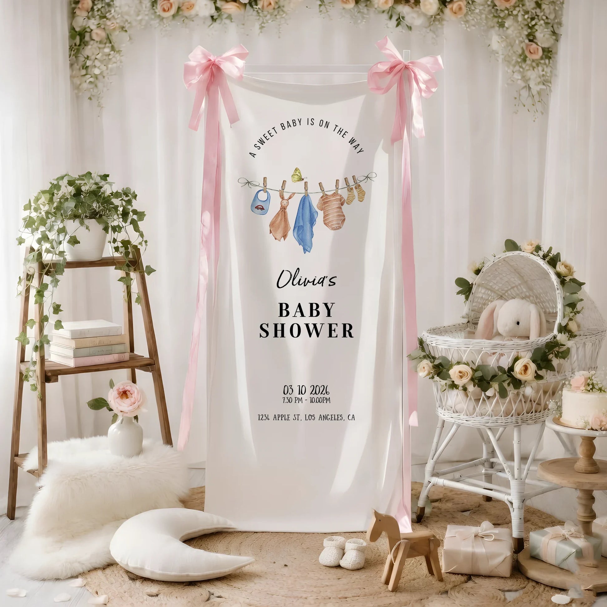 Floral Baby Shower Banner Stand Personalized Custom Name Hydrangea Baby Shower Welcome Sign Decor, baby shower decor (view 5)
