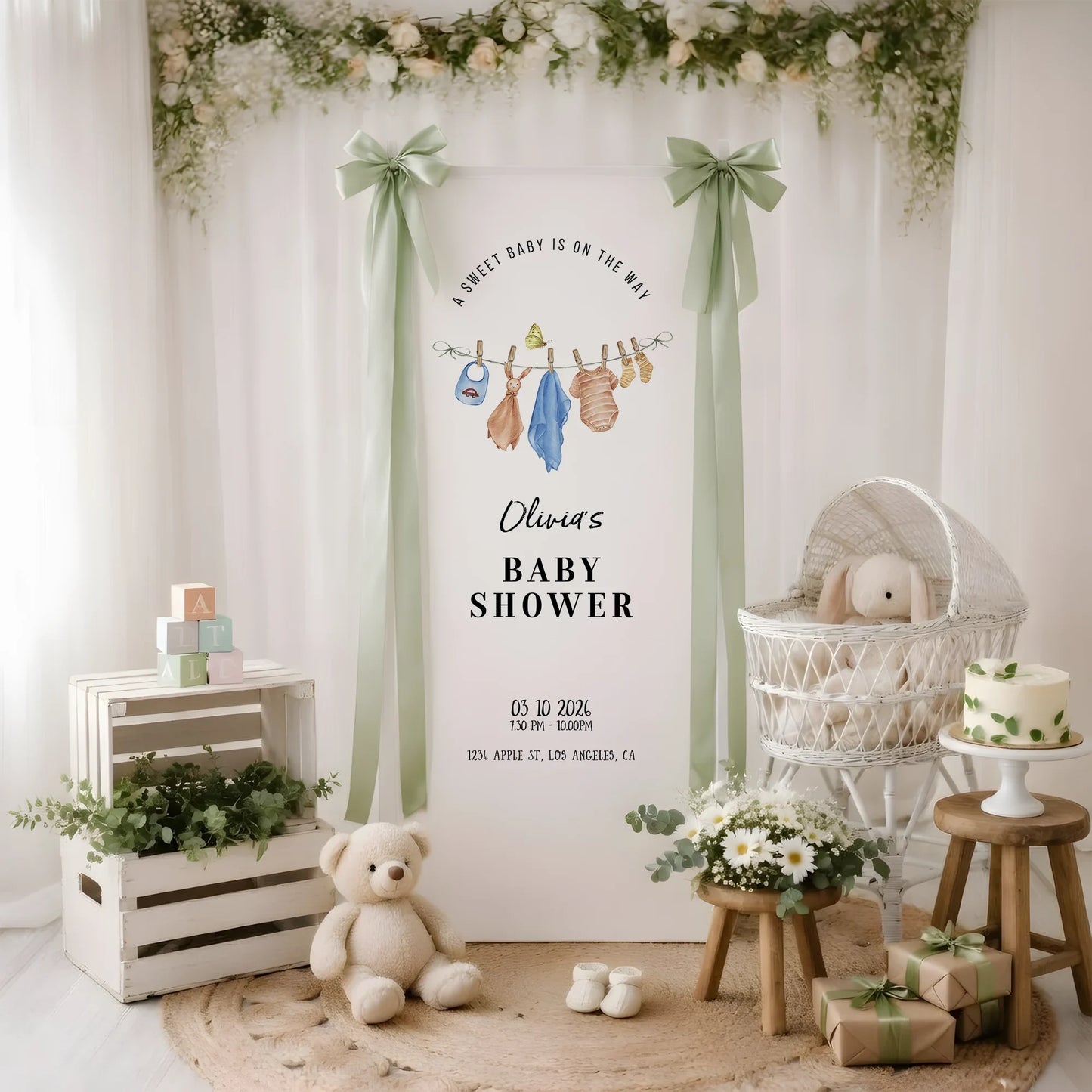 Floral Baby Shower Banner Stand Personalized Custom Name Hydrangea Baby Shower Welcome Sign Decor, baby shower decor (view 7)