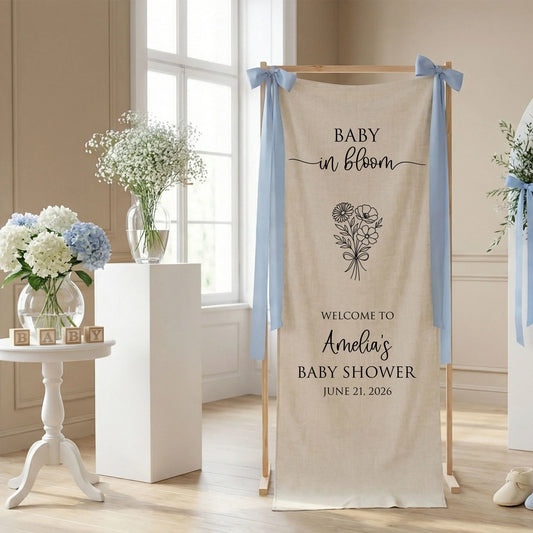 Floral Baby Shower Banner Stand Personalized Custom Name Welcome Sign Linen Baby in Bloom Decor, baby shower decor