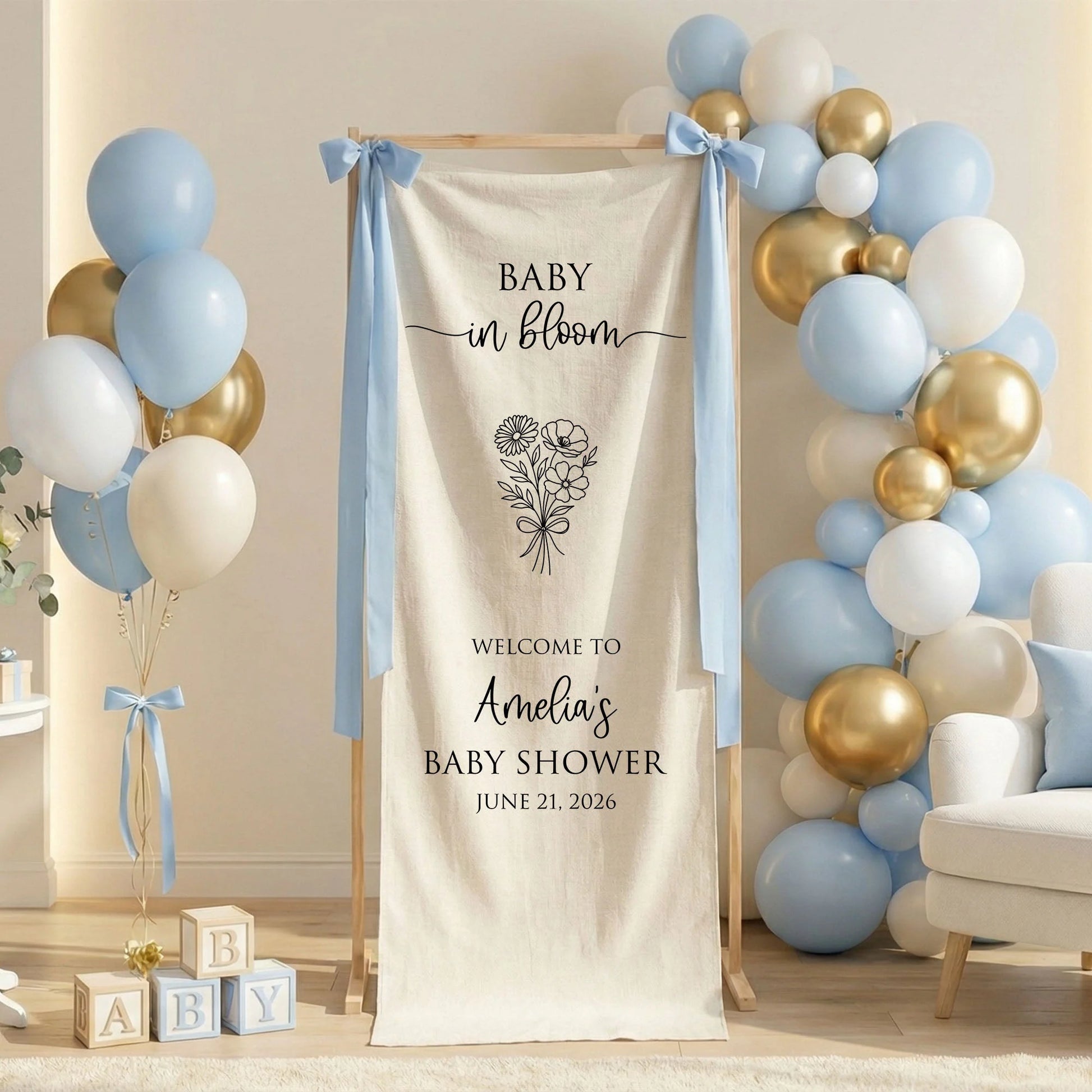 Floral Baby Shower Banner Stand Personalized Custom Name Welcome Sign Linen Baby in Bloom Decor, baby shower decor (view 2)