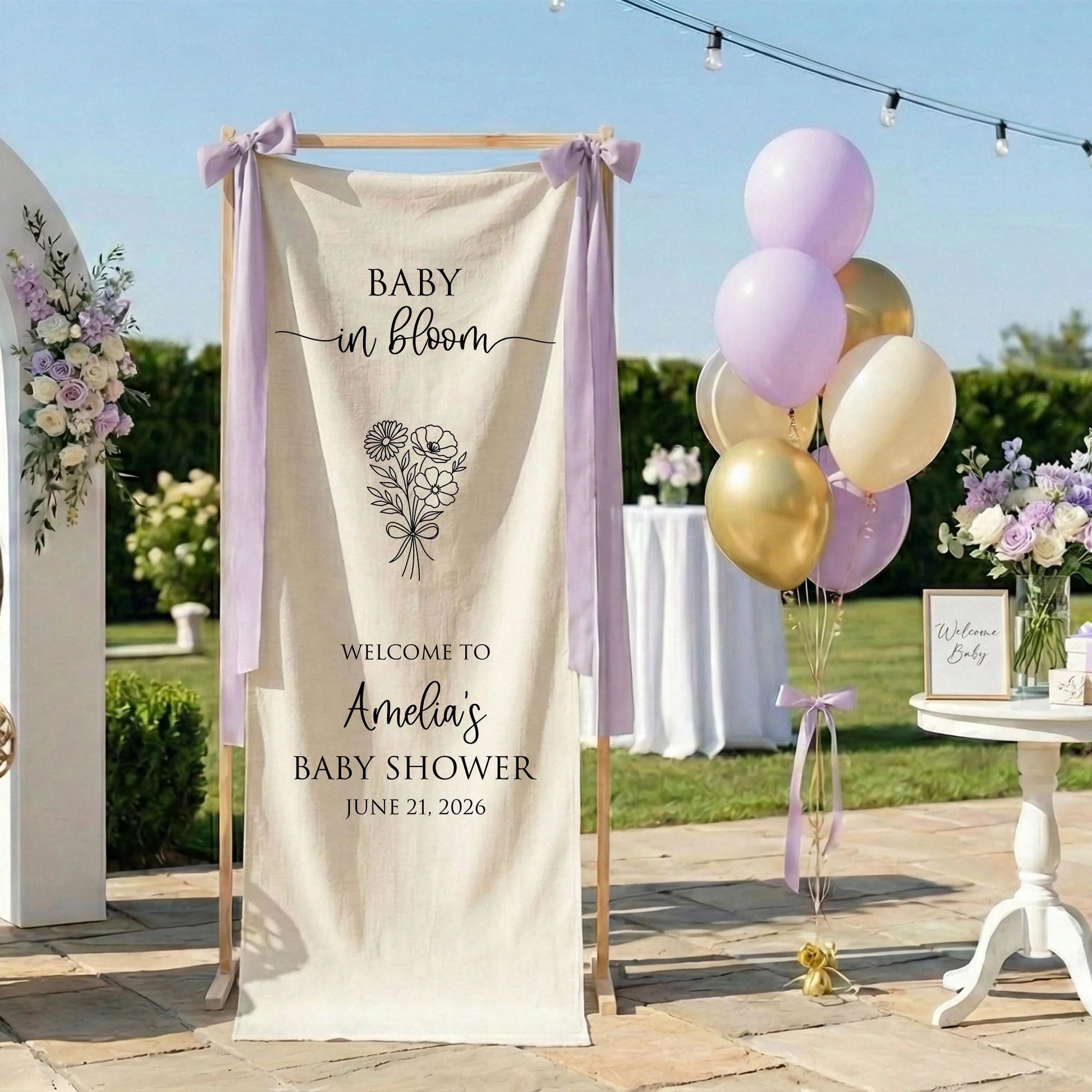 Floral Baby Shower Banner Stand Personalized Custom Name Welcome Sign Linen Baby in Bloom Decor, baby shower decor (view 3)
