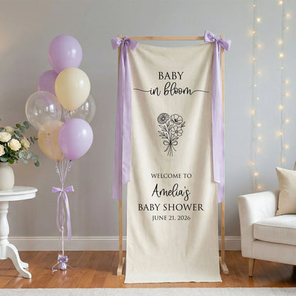 Floral Baby Shower Banner Stand Personalized Custom Name Welcome Sign Linen Baby in Bloom Decor, baby shower decor (view 4)