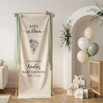 Floral Baby Shower Banner Stand Personalized Custom Name Welcome Sign Linen Baby in Bloom Decor, baby shower decor (view 5)