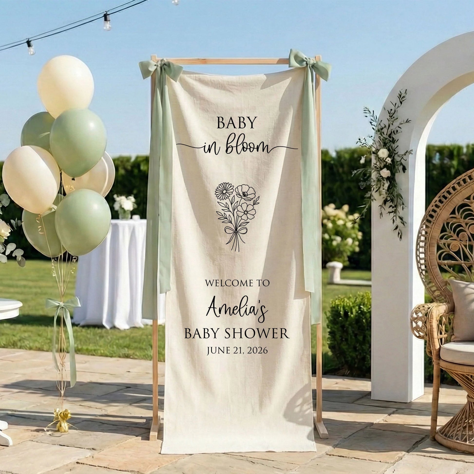 Floral Baby Shower Banner Stand Personalized Custom Name Welcome Sign Linen Baby in Bloom Decor, baby shower decor (view 6)