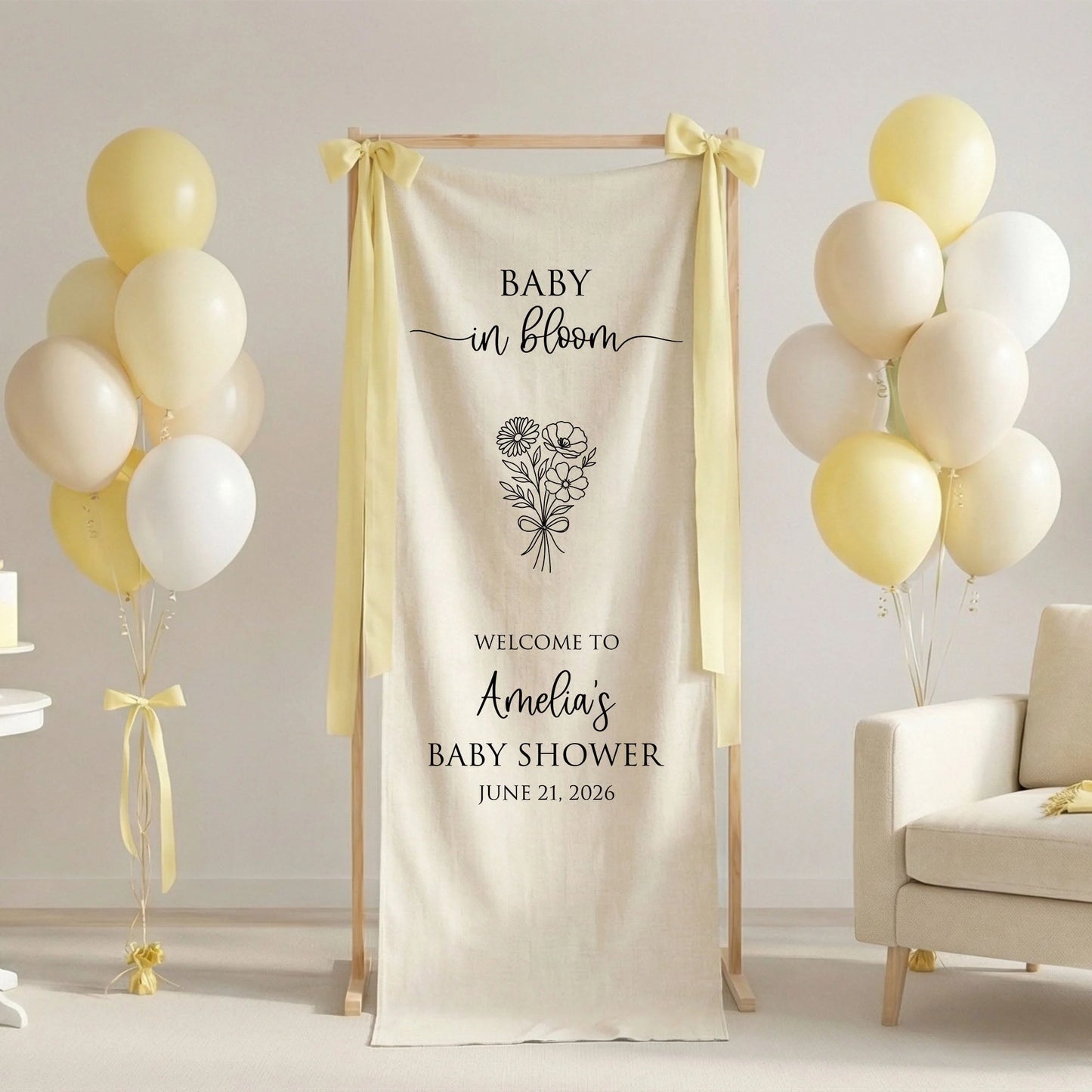 Floral Baby Shower Banner Stand Personalized Custom Name Welcome Sign Linen Baby in Bloom Decor, baby shower decor (view 7)
