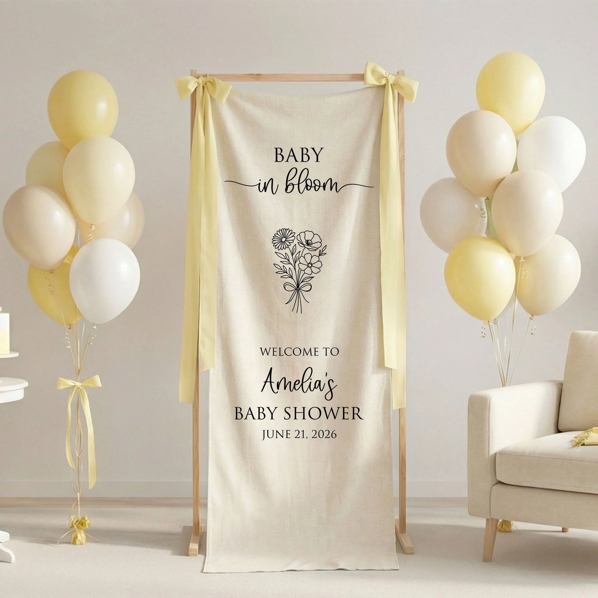 Floral Baby Shower Banner Stand Personalized Custom Name Welcome Sign Linen Baby in Bloom Decor, baby shower decor (view 7)
