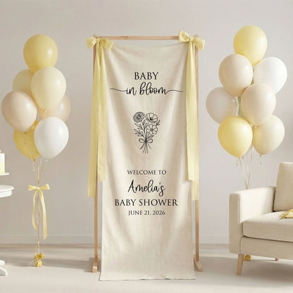 Floral Baby Shower Banner Stand Personalized Custom Name Welcome Sign Linen Baby in Bloom Decor, baby shower decor (view 7)
