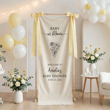 Floral Baby Shower Banner Stand Personalized Custom Name Welcome Sign Linen Baby in Bloom Decor, baby shower decor (view 8)